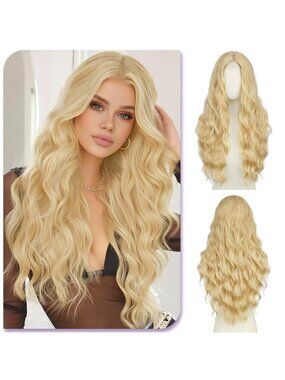 Women's Ash Blonde Long Wavy Wig for 28 Inch Middle Part Heat Resistant